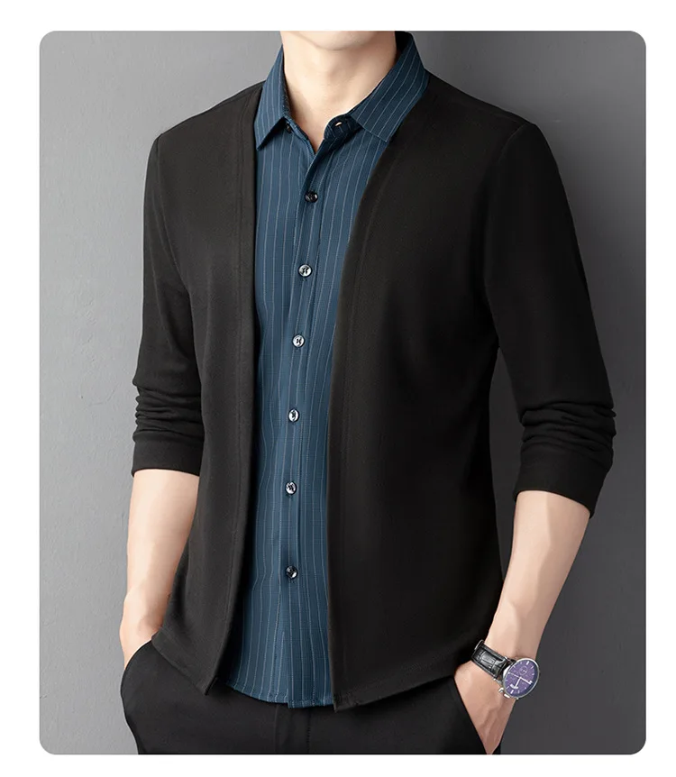 New Long Sleeve Shirts Men Office Casual Fake Two Piece Shirt Striped Black Shirt Middle-aged Men Clothing Elegant Tops Fashion