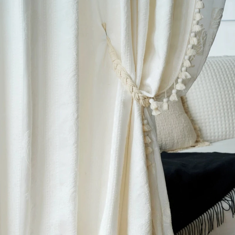 French Pure White Relief Jacquard Thickened Cotton and Linen Curtains for Living Room Bedroom French Window Balcony Customized