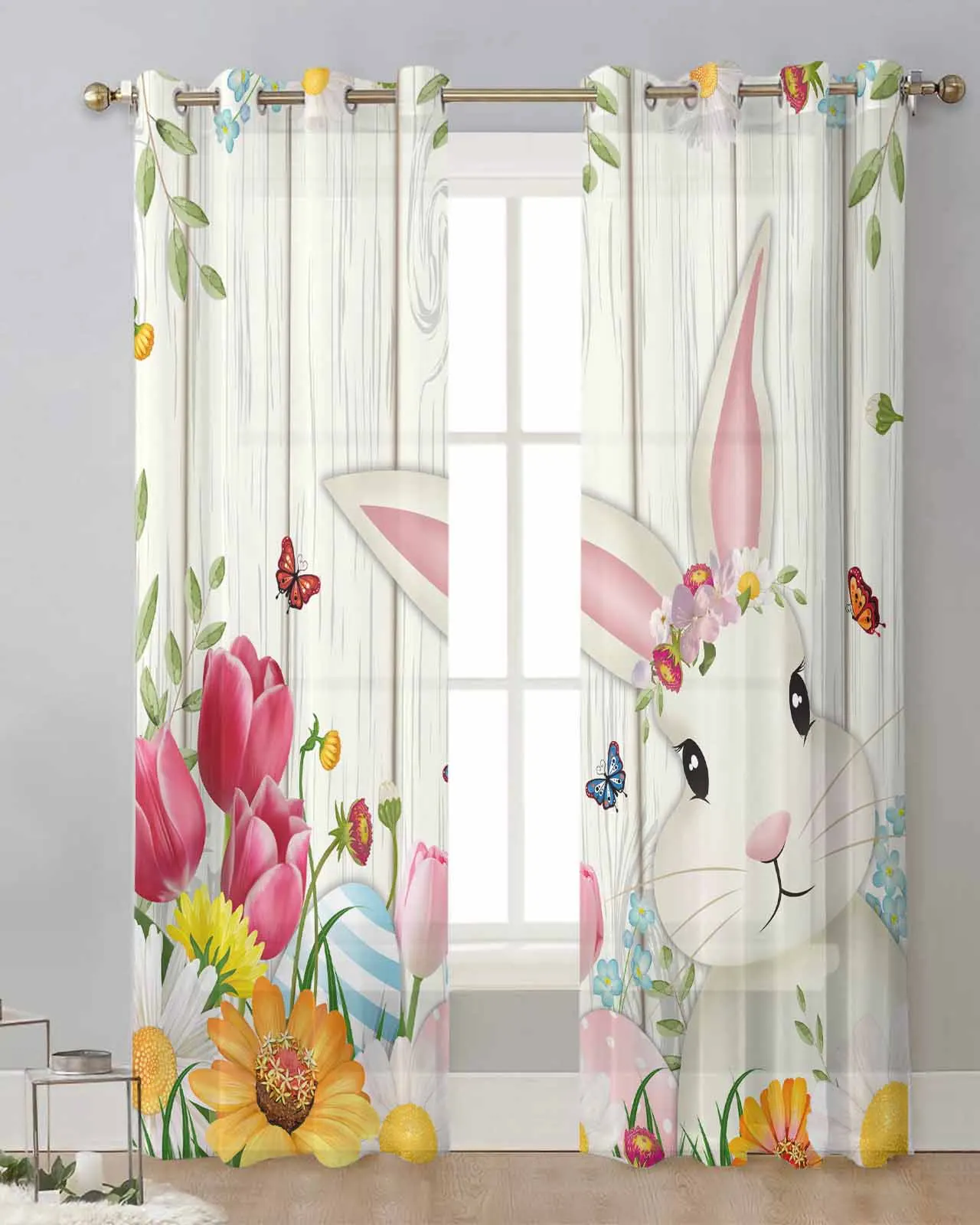 

Easter Eggs Bunny Flowers Wood Grain Sheer Curtains for Living Room Window Curtains for Kitchen Modern Tulle Voile Curtains