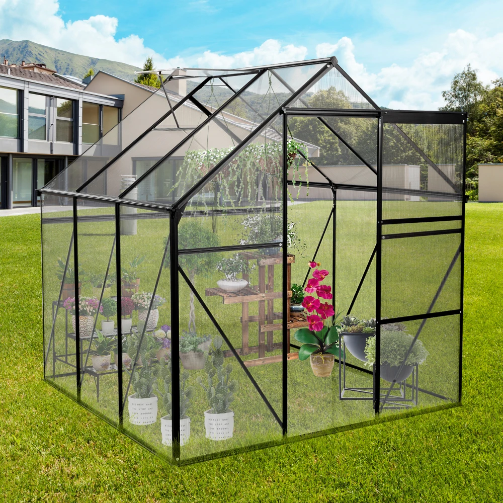 6X6FT-BLACK Polycarbonate Greenhouse Raised Base and Anchor Aluminum Heavy Duty Walk-in Greenhouses for Outdoor Backyard in All