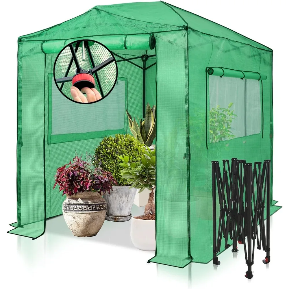 

Portable Walk-in Greenhouse, Pop-up Indoor Outdoor Garden Green House, Zippered Doors and Windows, PE Cover, Green