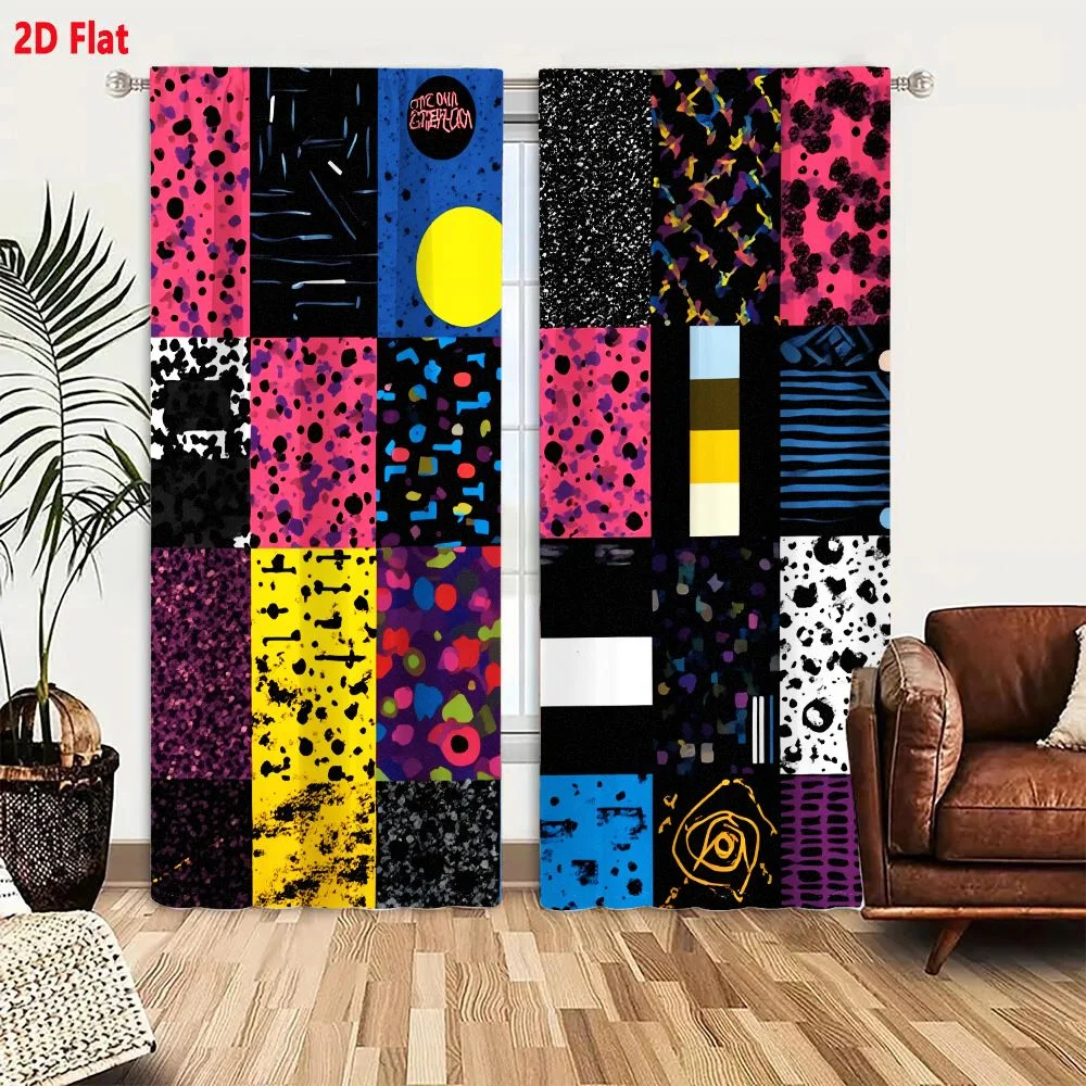 2Pcs Curtains 2D Flat Vibrant Abstract Grid Composition With 24 Distinct Square Panels Featuring Pop Art And Psychedelic Design