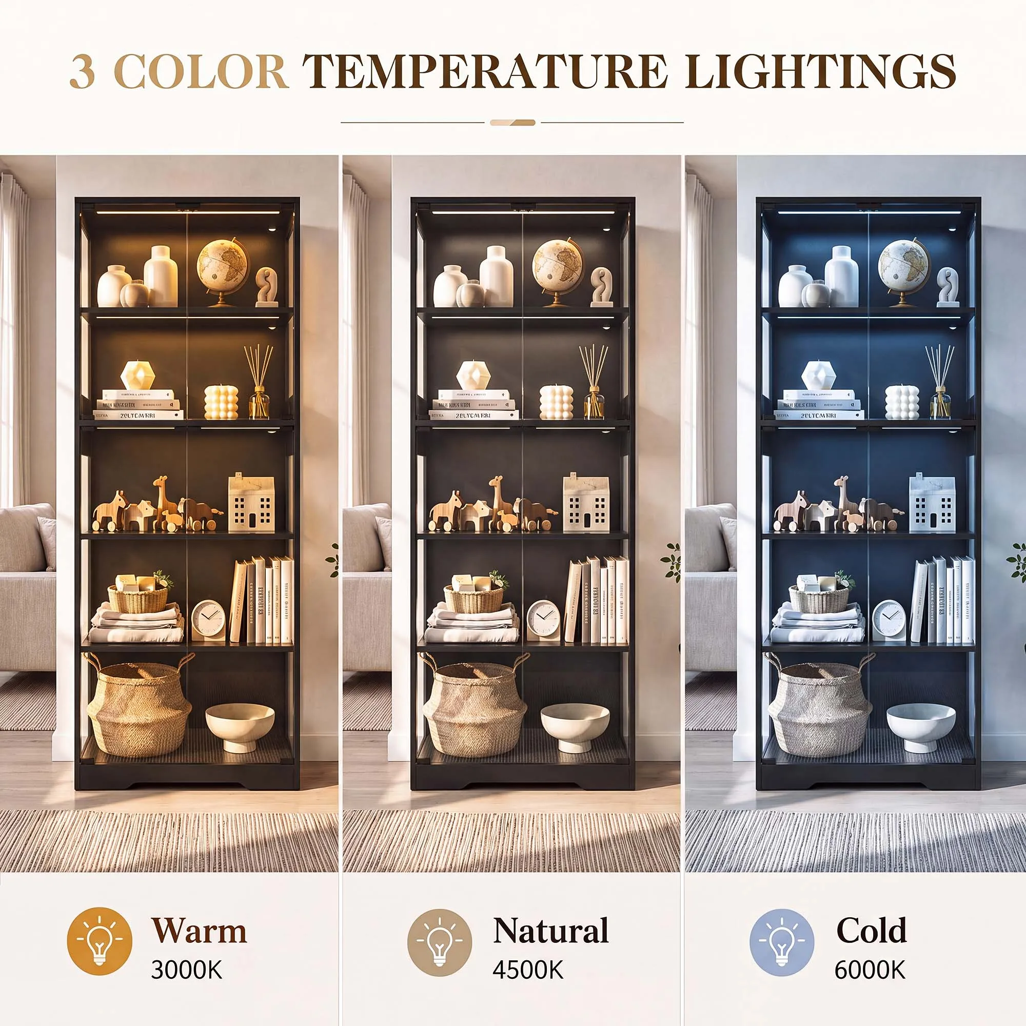 TCGBKAF 5‑Tier Display Cabinet with Glass Doors Motion Sensor Dimmable LED Lights Wooden Frame Display Storage Cabinet for Collectible Figures Living Room Bedroom Office Home Furniture view 3