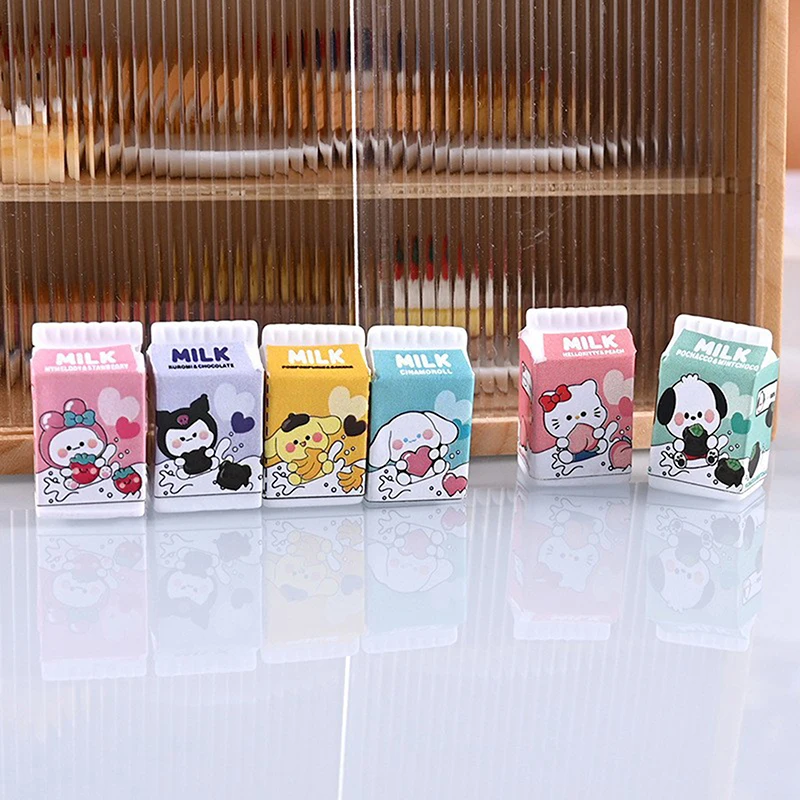 6Pcs Sanrio Hello Kitty Kuromi 1/12 Dollhouse Miniature Simulation Milk Bottle Model Food Accessories For Doll House Decoration