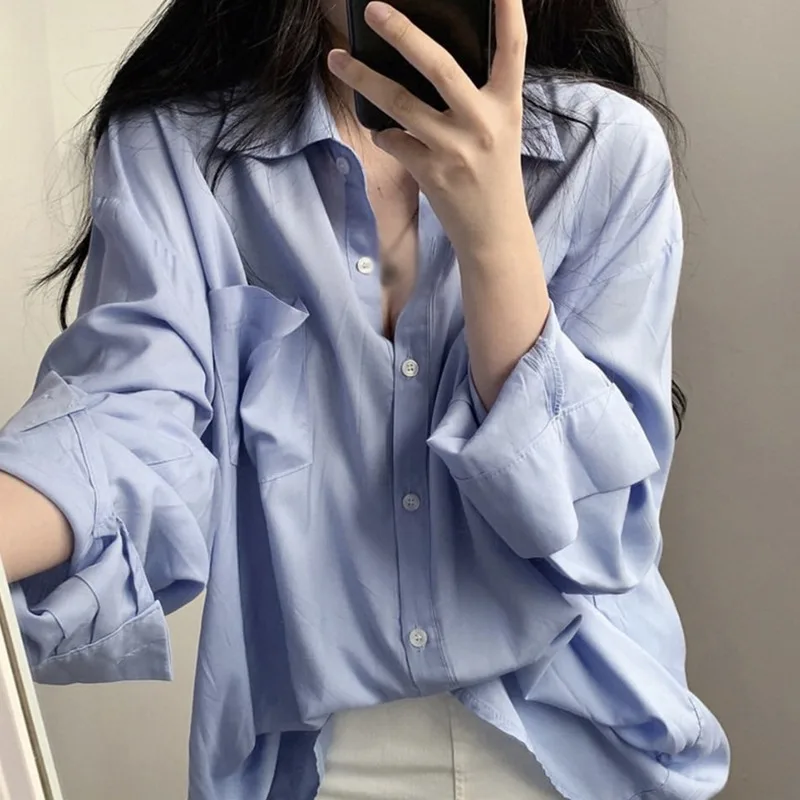 

Long Sleeve Shirts Women Lapel Collar Vintage Blouse Top Solid Color Button Work Office Shirt for Ladies Lightweight