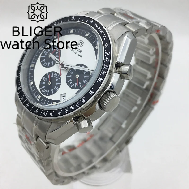 BLIGER VK63 Movement Chronograph Multi Function 40mm quartz run Second Chronograph Men\'s watch white dial steel/rubber strap