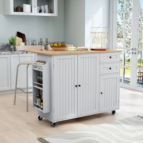 Kitchen Island with Storage, Grey Rolling Kitchen Island on Wheels with Drop-Leaf Bar Countertop, Prep Table with Side