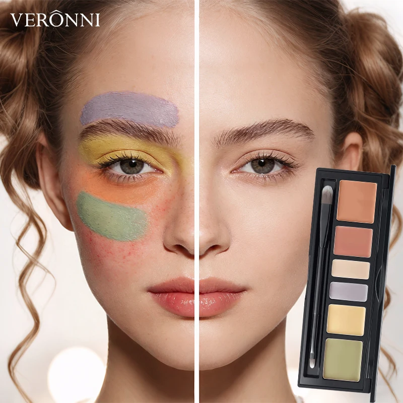 6 Shades Cream Color Correcting Concealer Palette with Dual-Ended Makeup Brush, Full Coverage Makeup Corrector Kit for Dark Circles, Redness & Blemishes