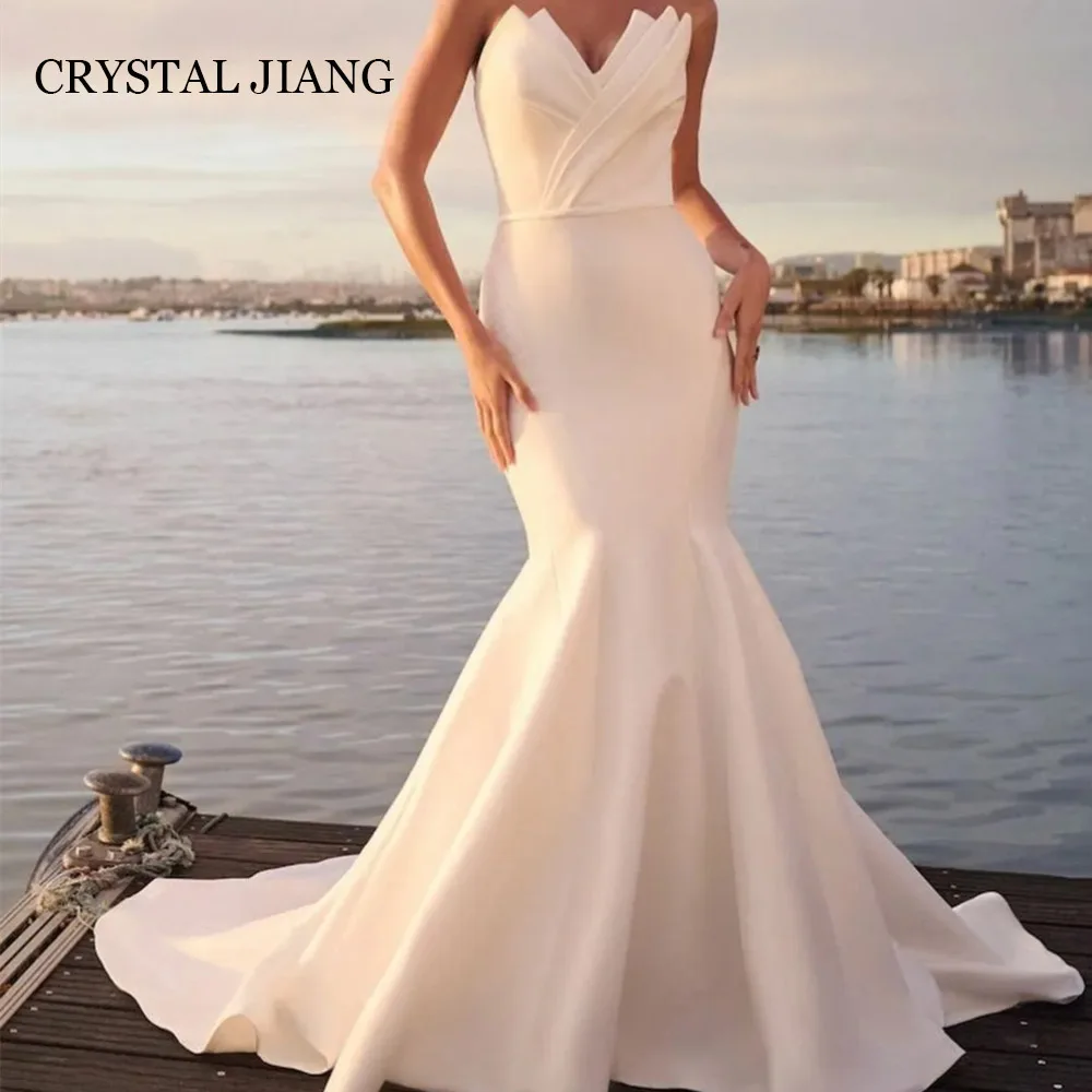 

Fashion Long Ivory Scalloped Satin Wedding Dresses Sleeveless Mermaid Sweep Train Vestidos De Boda Para Fiestas