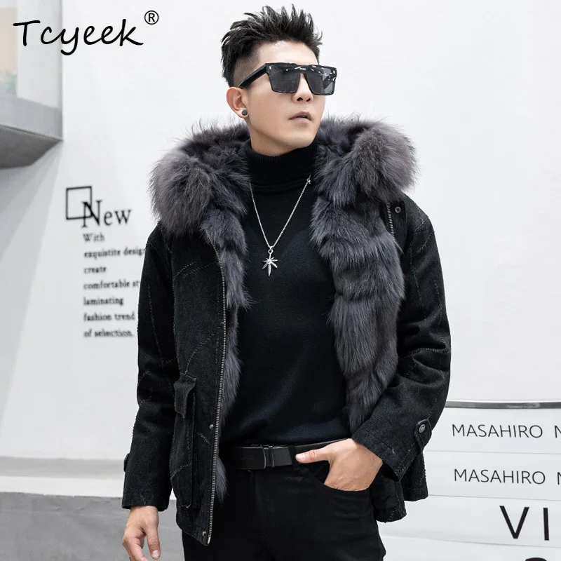 Tcyeek Real Fur Coat Men Hoodie Men Parka Fox Fur Cowboy Winter Jackets for Men Clothing Warm Raccoon Fur Collar Куртка Мужская