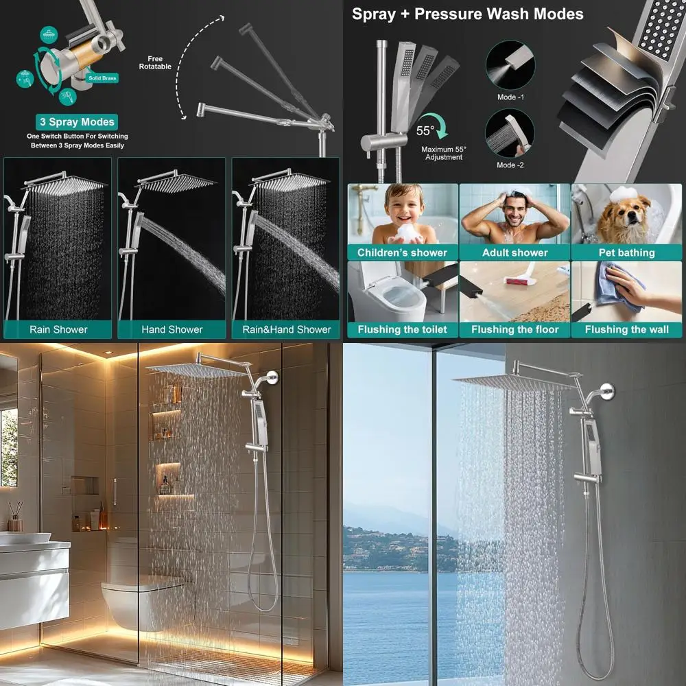12 Metal Rain Shower Head Combo with Handheld, High-Pressure Waterfall, Adjustable Arm, 3-Way Diverter, Brushed Nickel