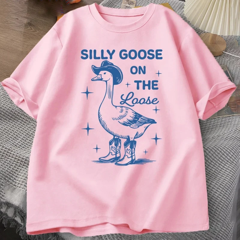 

Silly Goose T Shirt for Men Women Funny Cowgirl Western cartoon TShirt Fashion Round Neck cotton T-shirt Clothes