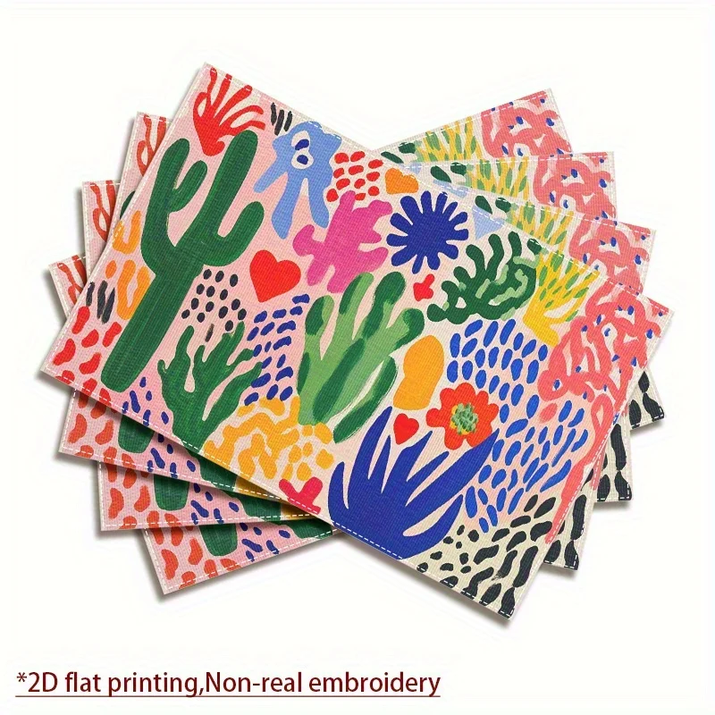1PC Linen Placemats, Cactus and Colorful Heart Design,Perfect for Kitchen & Dining Room Decor, Family Gatherings