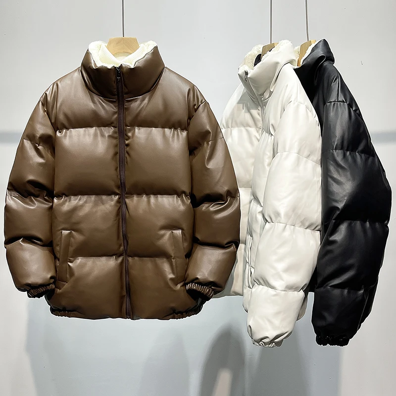 

Мужская зимняя утепленная куртка из искусственной кожи с хлопковой подкладкой и флисом из овечьей шерсти, теплая, повседневная, в американском стиле, молодежная