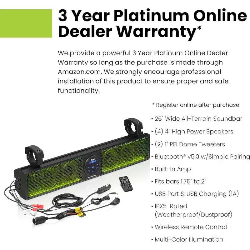 Audio Systems BRT26RGB ATV UTV Sound Bar - 26 polegadas de largura, alto-falantes de 4 polegadas, pinças de 1 polegada, IPX5 à prova de intempéries, Bluetooth,