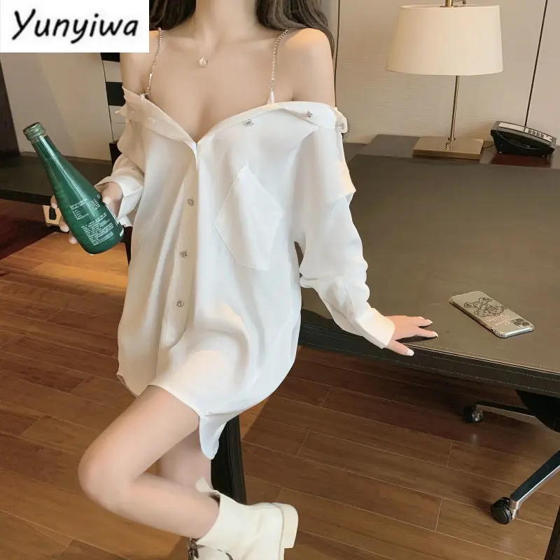 Shirts Women Design Elegant Solid Chain Slash Neck Trendy Leisure Sexy Long Sleeve Spring All-match Females Daily Ulzzang New