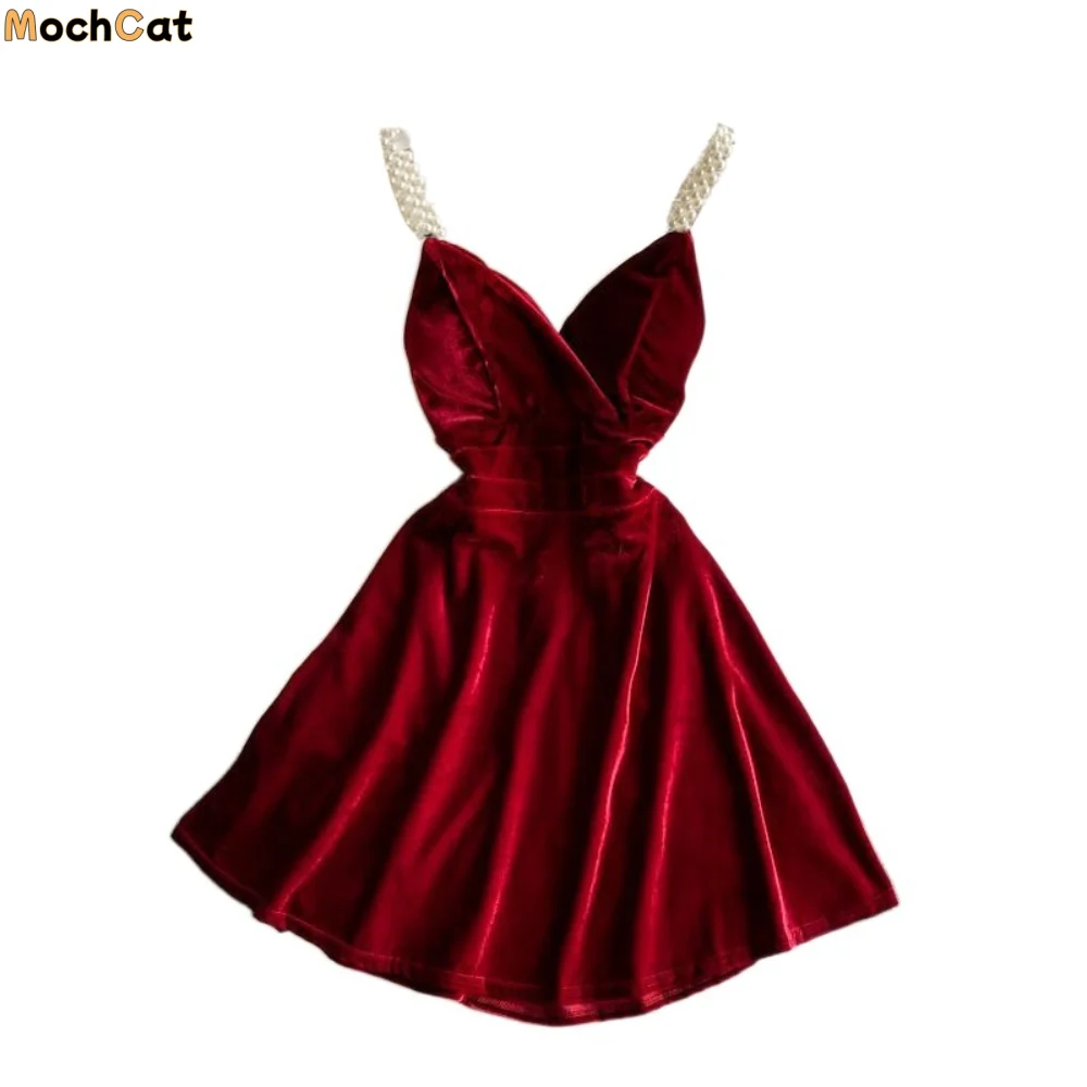 

Модное бархатное платье-слинг с жемчужным ремешком, облегающее, с высокой талией, V-образным вырезом, без рукавов, тонкое, золотистое, летнее