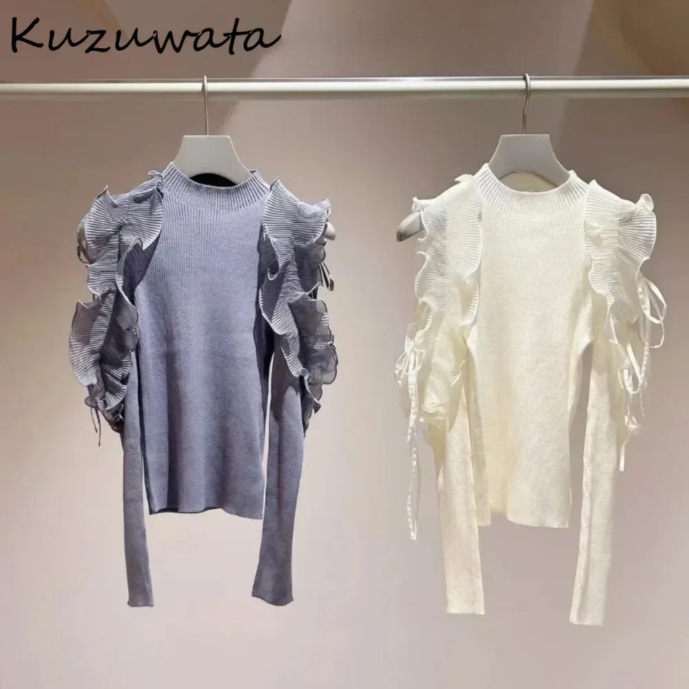 Kuzuwata Winter O Neck Long Sleeve Pullover Sweaters Lace Up Off Shoulder Ruffles Knitted Japan Patchwork All-match Slim Jumper