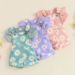 Summer Baby Girls Short Sleeve Romper with Flower Print Suspender Shorts Set Toddler Clothes  0-18 Months