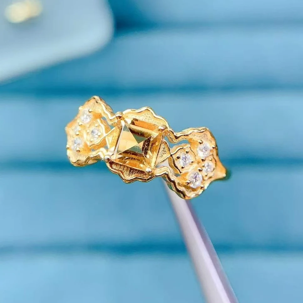

925 Sterling Silver Natural Citrine Ring Certified Fine Jewelry Exquisite Craftsmanship Gold Plated Vintage Lace Gemstone Ring