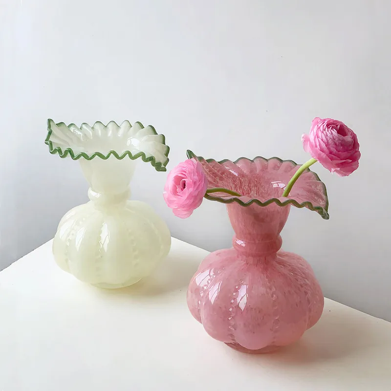cx glass pumpkin-shaped wavy edge retro handmade vase flower arrangement decoration