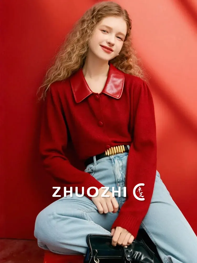 

Red Leather Collar Knitted Sweater Button Loose Lazy Hong Kong Sle Women's Casual Faion Soft Knitwear Autumn New Arrival