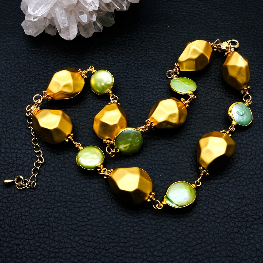 KKGEM Faceted nugget gold plated frosted beads green freshwater pearl wrap bracelet