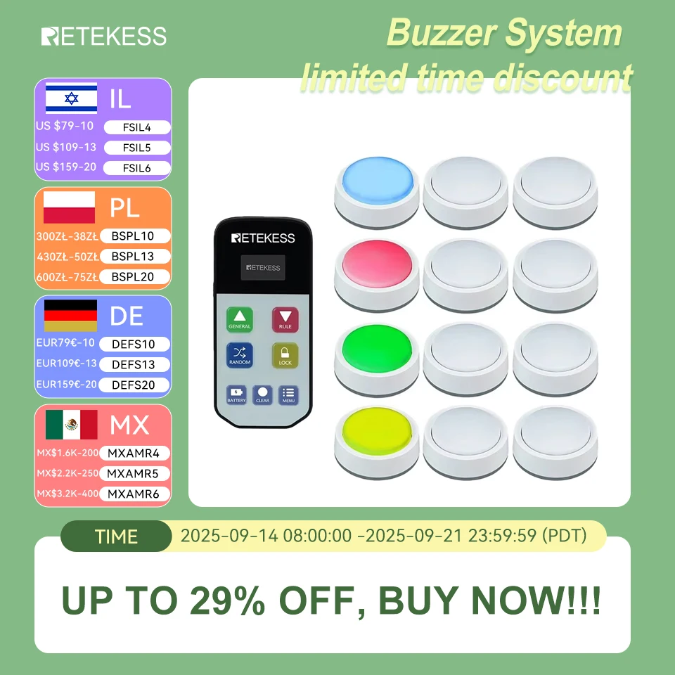 

Retekess TM102 Wireless Quiz Answer Game Buzzer System 3 Answer Modes 4 Color States For Competition Game Show Family Party Game