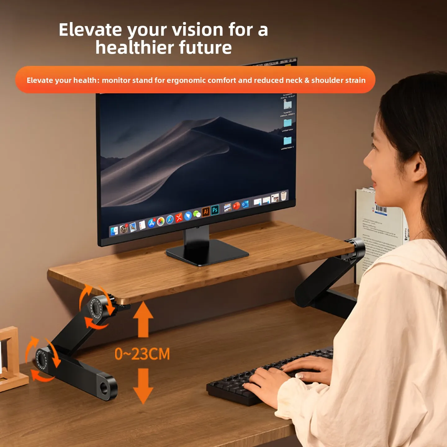 Solid Wood Monitor Stand Riser Foldable Height Adjustable Large Desktop Shelf for Laptop Keyboard Office Black 원목 모니터 받침대