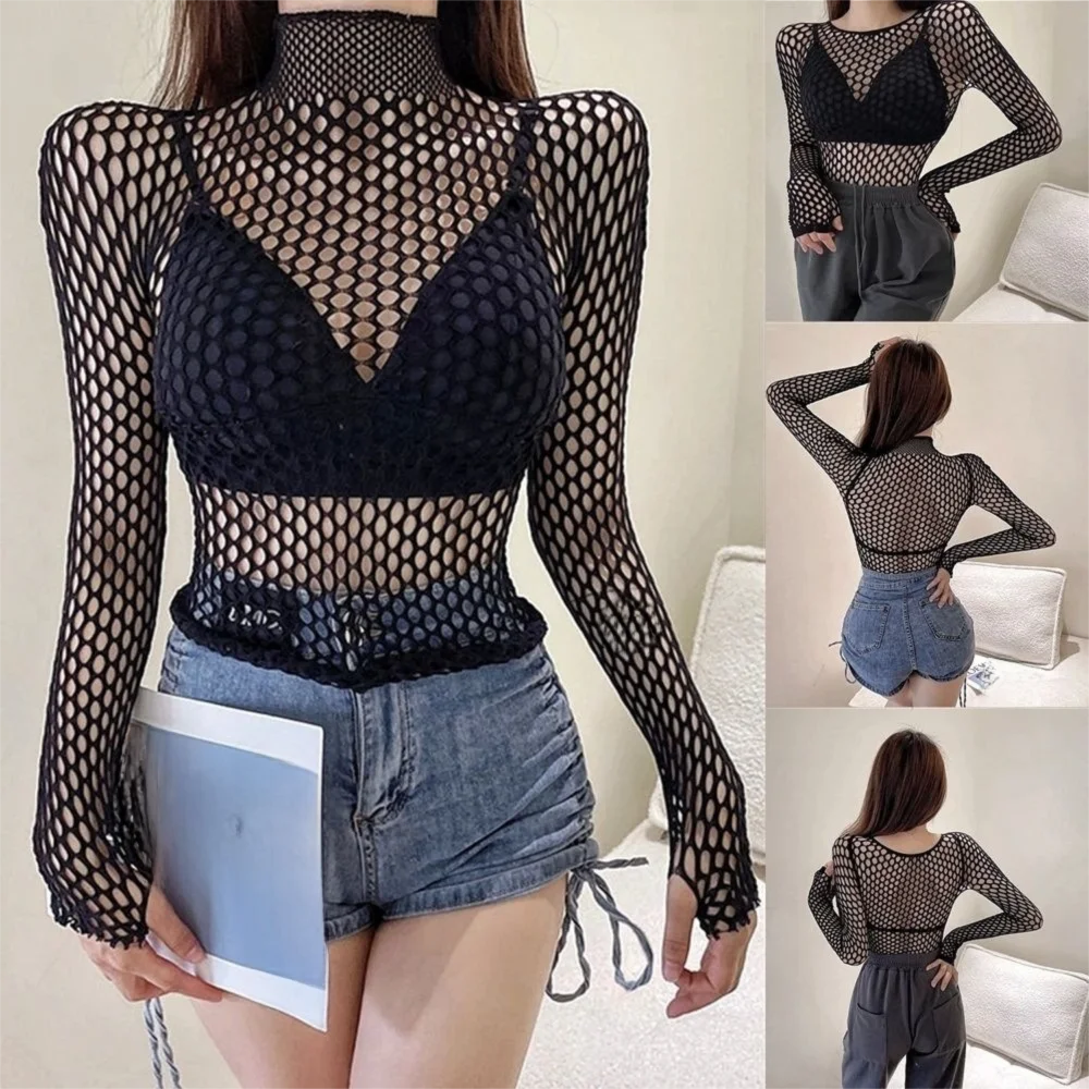 Fashion Sexy Design Mesh T Shirt Hollow Out Sheer Material See Through Tee Soft Fabric Slim Fit Crop Top Tee Female Wear