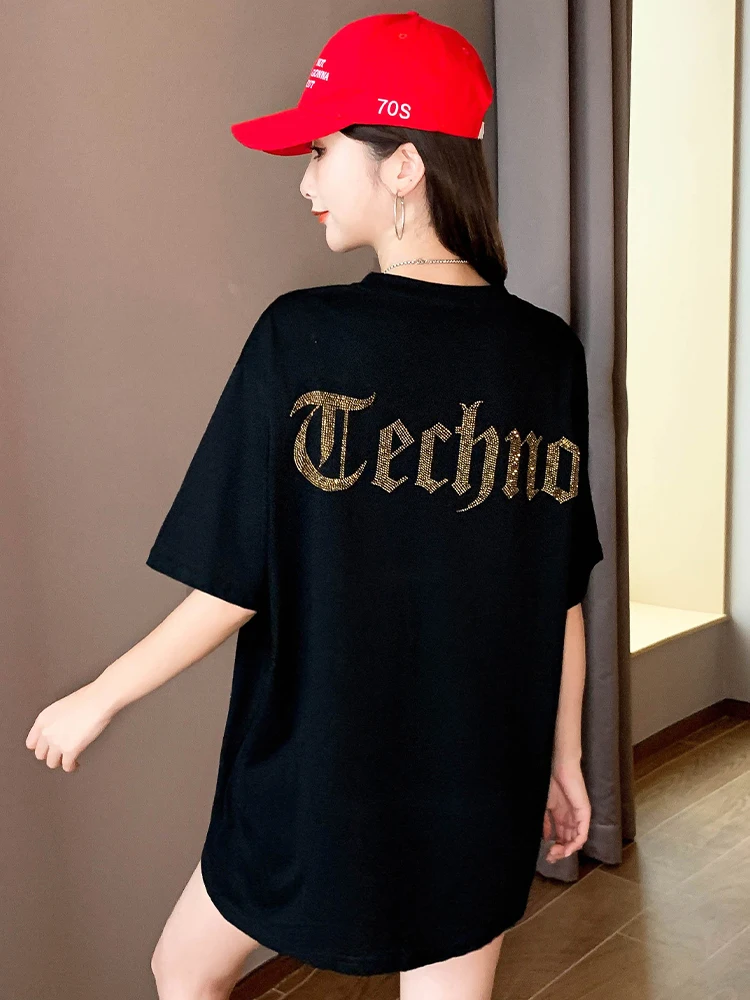 Hot Drilling Love Black T-shirt Female Short Sleeve Tshirt Loose Casual Cotton Top Lady 2022 New Summer T Shirts 40-150KG
