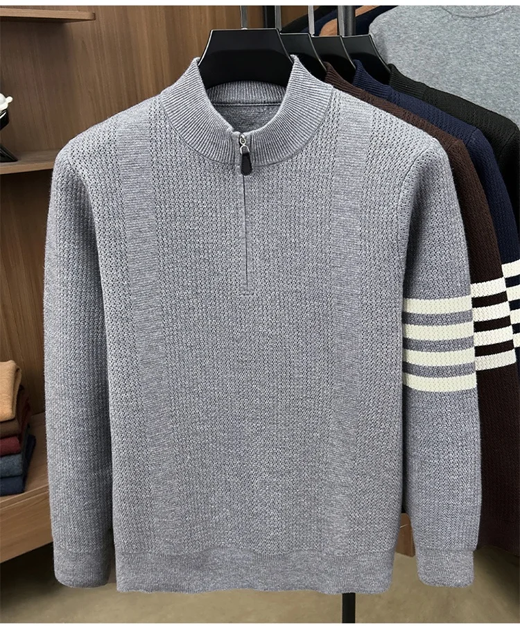 Hochwertige Reißverschluss Kragen Pullover Männer Neue Trend Persönlichkeit Streifen Zipper Herbst Winter Komfort Warm Stricken Sweater – Detail 6