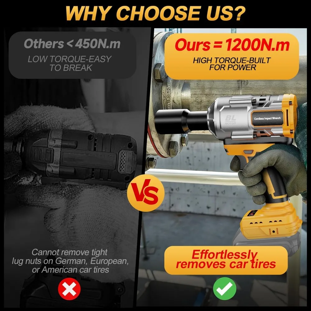 Аккумуляторный ударный гайковерт 1/2 дюйма, бесщеточный двигатель с высоким крутящим моментом 1200 Нм, 3 скорости, с 5 головками для ремонта автомобилей
