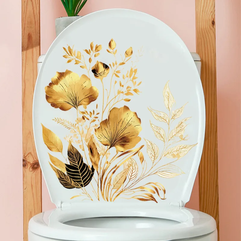 Creative Golden Flower Stickers Toilet Stickers Bathroom Door Wall Wallpaper Self Adhesive Decorative Washroom Vinyl Decals