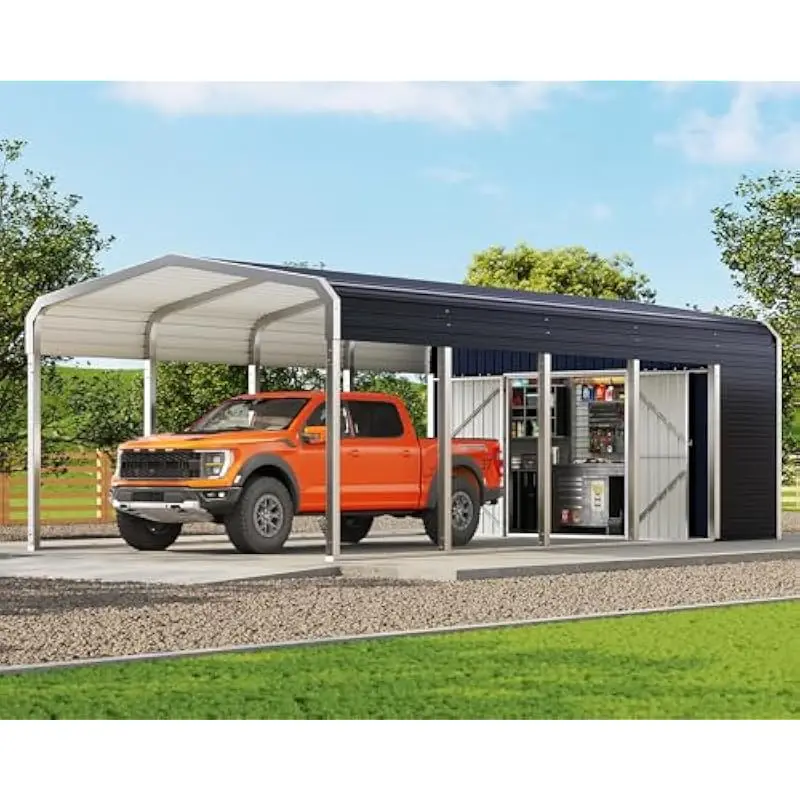 12x24 FT Dual-Function Metal Shelter with Integrated Lockable Storage Compartment Gray Heavy-Duty Galvanized Steel Frame Arc-Roo