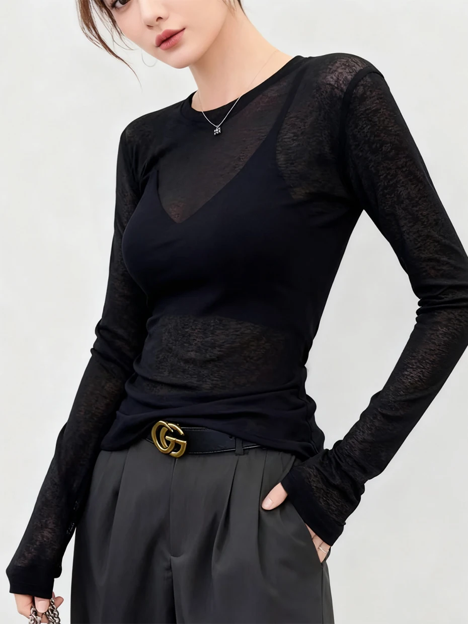 

Elegant Thin High Collar Women's Base Shirt Fashionable Black Inner Wear Slim Fit Long Sleeve Polyester Fiber Autumn Winter