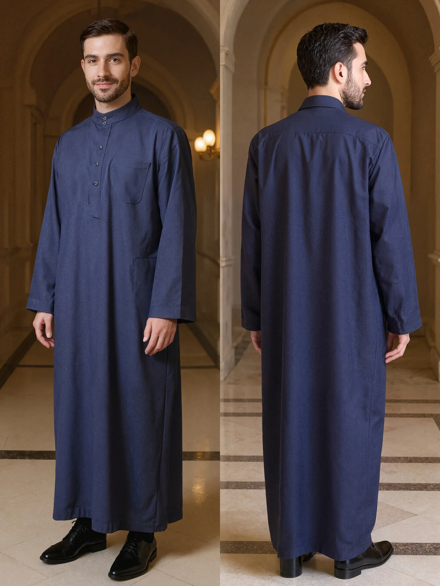 Jubah Panjang Pria Bahan Polyester, Jubah Kerah Tegak Gaya Qatar, Desain Saku, Pakaian Pria Arab dan Timur Tengah, Tersedia dalam