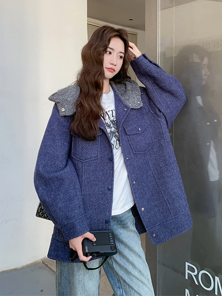 

Double-Sided Woolen Coat with Hat for Women ort Sle Autumn Winter New Korean Version Youthful Color Blo Design