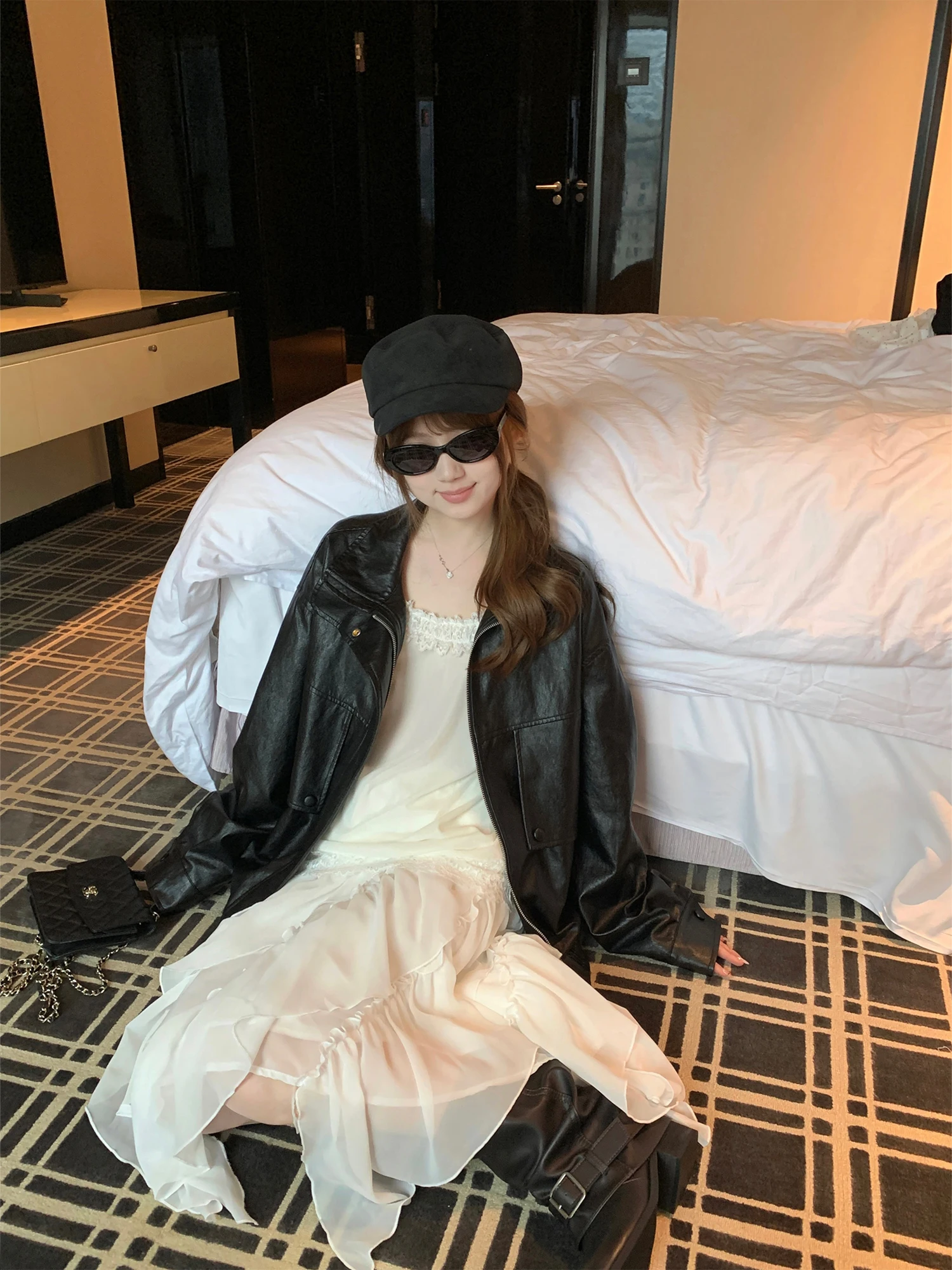 

Bla Biker Sle Loose Casual Women's Leather Jaet Sweet Cool Motorcycle Faion 2026 New Arrival PU Leather Coat