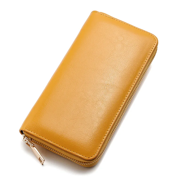 Genuine Leather Men Women Long Wallet Unisex Zipper Coin Purse Simple Design ID Credit Card Holder Phone Money Bag Solid Clutch
