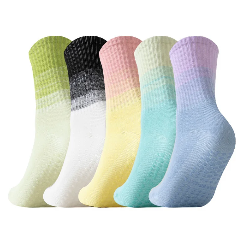 

2pcs Cotton Breathable Mid-Calf Yoga Sock Gradient Color Striped Anti-slip Sports Pilates Dance Fitness Training Socks With Pant