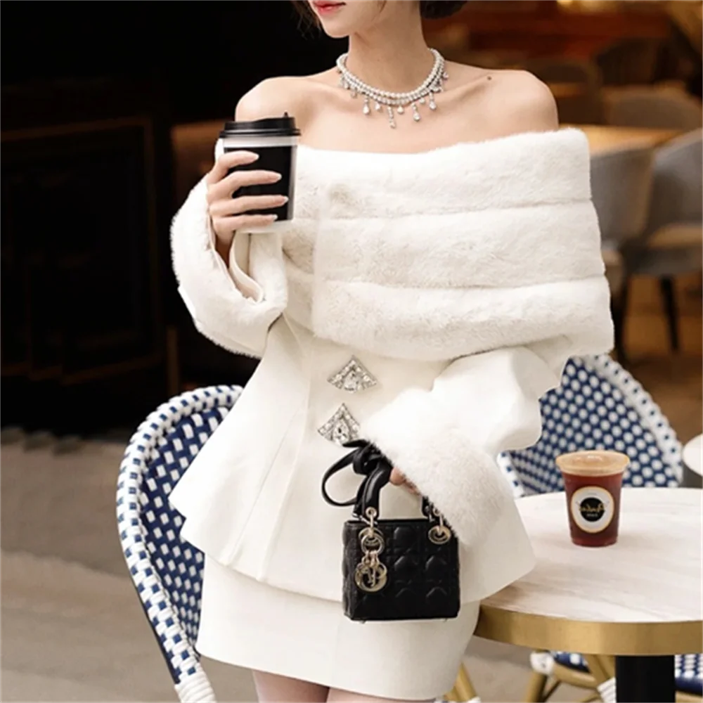 One word shoulder  fur drill coat short skirt two-piece set