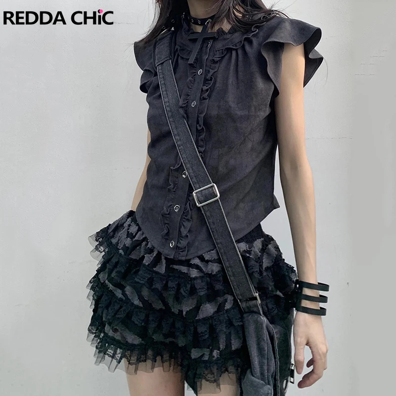 

REDDACHiC Retro Black Women Cake Skirt Elastic Waist Irregular Patchwork Lace Tiered Ruffle Puffy Mini Skirt Harajuku Streetwear