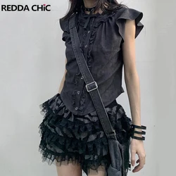 REDDACHiC Retro Black Women Cake Skirt Elastic Waist Irregular Patchwork Lace Tiered Ruffle Puffy Mini Skirt Harajuku Streetwear