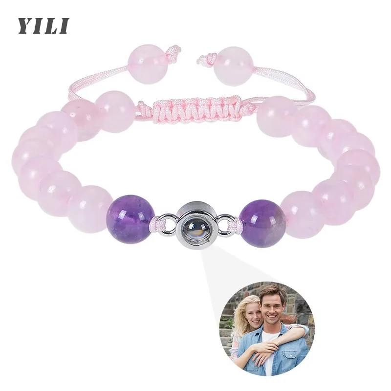 

8mm Healing Crystal Natural Stone Bracelet with Custom Photo Projection Bracelet Personalized Picture Amethyst Bracelet Memorial