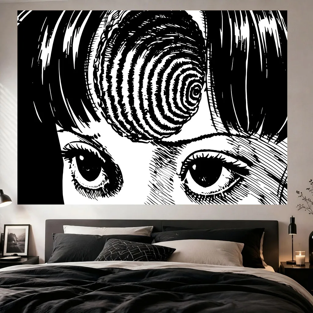 Black White Hypnotic Eyes Horror Comic Tapestry, Gothic Wall Hanging Cloth, Spooky Wall Decor for Bedroom Dormitory Room Home
