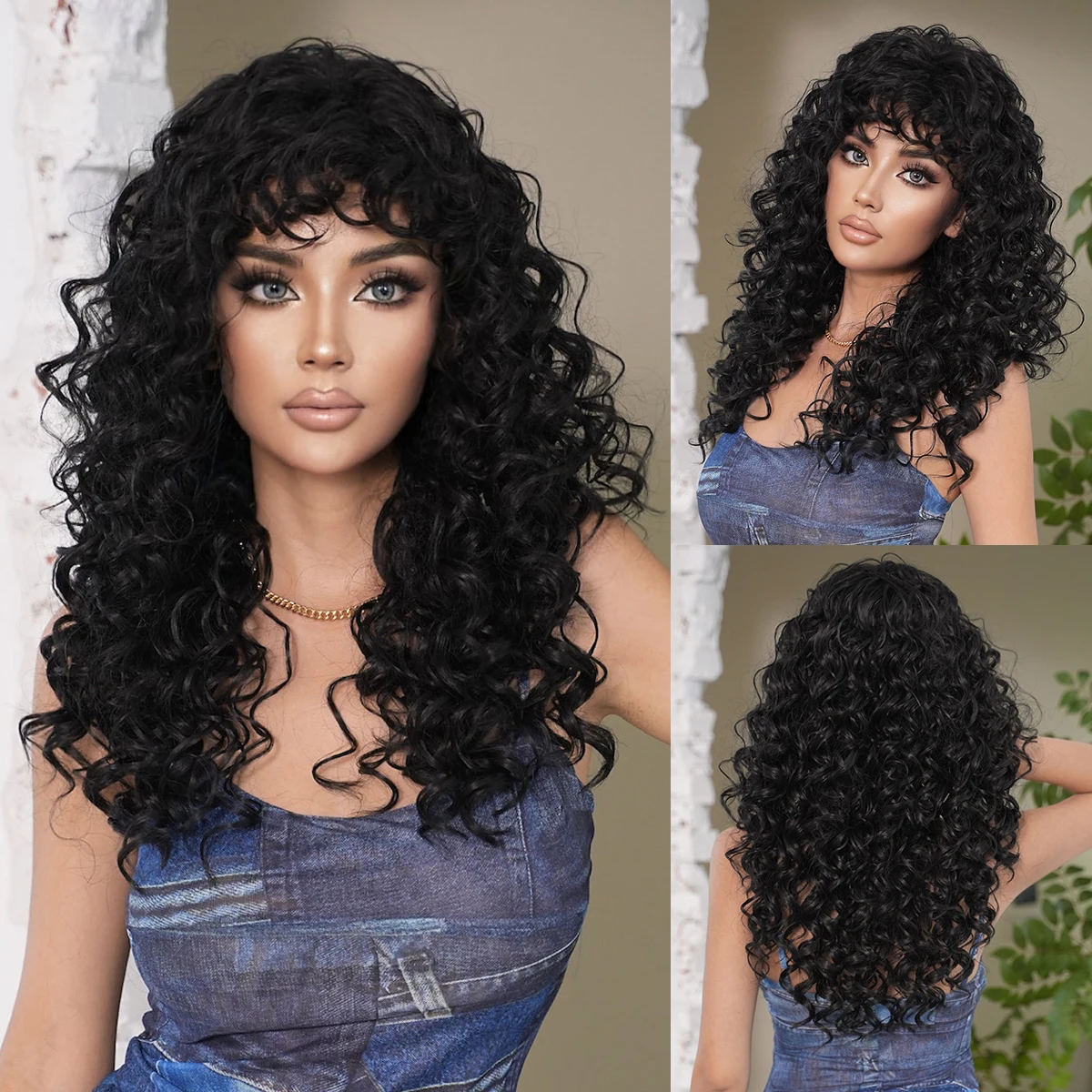 NAMM Synthet 24 Inch Striking Black Afro Kinetic Wigs, Long Loose Wave Shaped Forehead Included, Hairstyle Accessories For Daily