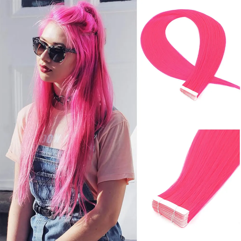 

Tape In Hair Extensions 26" Straight Synthetic Hair Extension Double Side Adhesives Tape Hair Pink Orange 20 Pcs per Pack