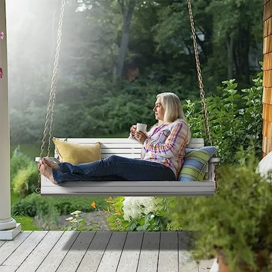 Porch swing for outdoor use, solid wood bench with adjustable safety chains, natural wood color, 4 feet length, 880 lbs weight