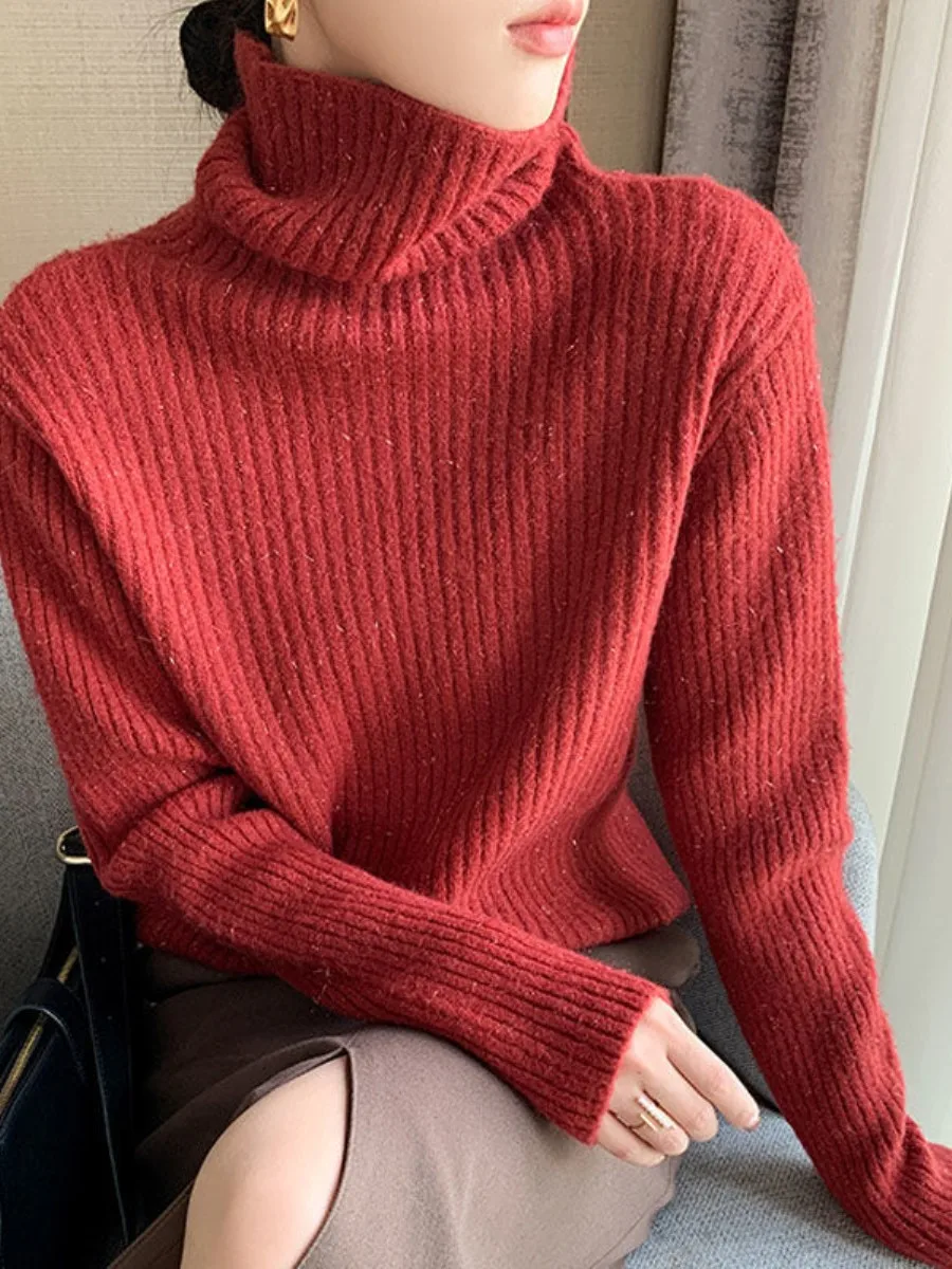 

Shiny Sparkle High Neck Sweater Women's Autumn Winter Slim Fit Knitted Top Overhead Slimming Base Layer Red Multi-Piece Set